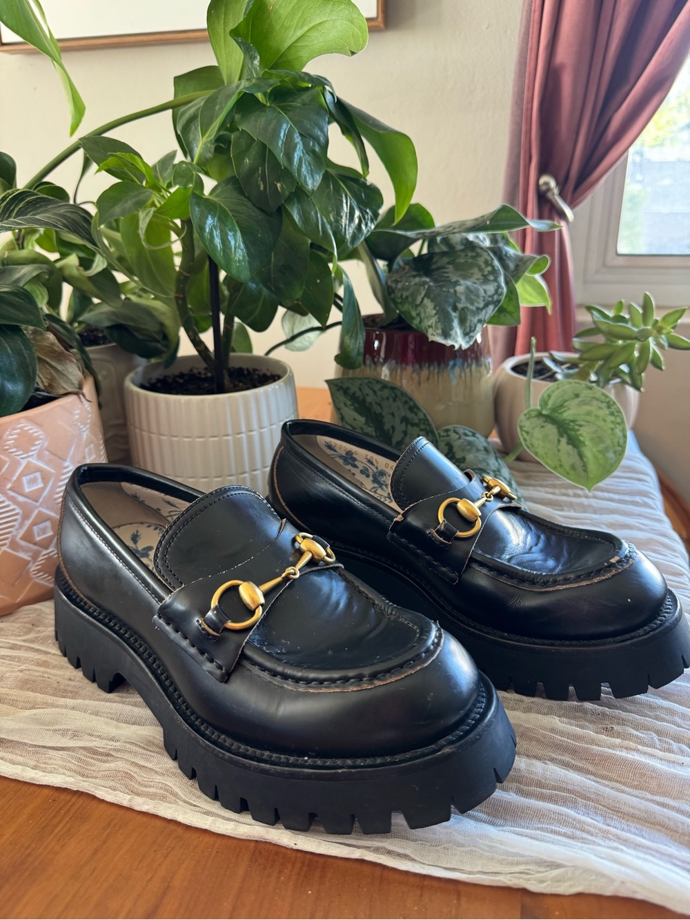 Gucci Black Leather Horsebit Platform Lug Sole Loafers